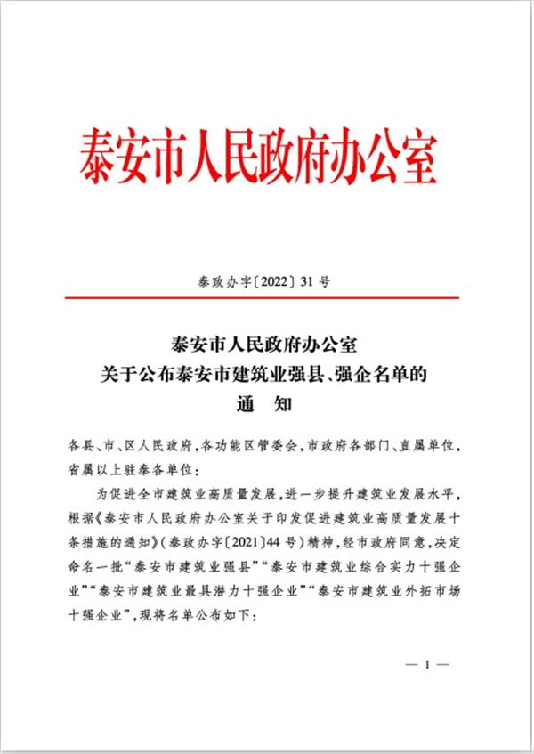 一滕建设集团被授予泰安市建筑业具有潜力十 强企业